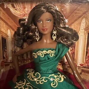 Mattel Holiday Barbie Doll with Green and Gold Dress.